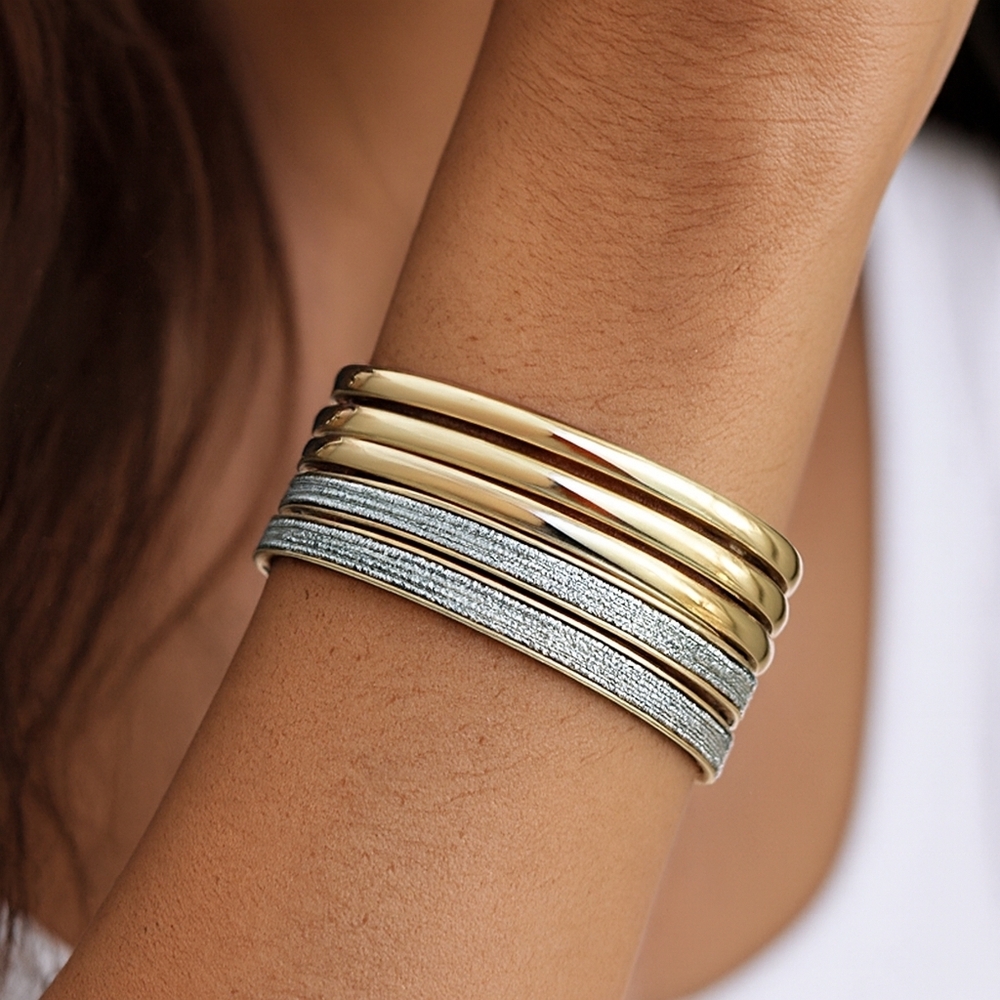 Dual Tone Set of 5 Gold Overlay and Shiny Silver Bangle Bracelets Jewelry